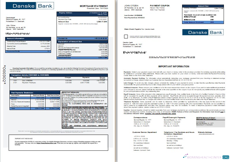 Download Denmark Danskebank bank mortgage statement, 3 pages, 1 2 scr Photoshop template